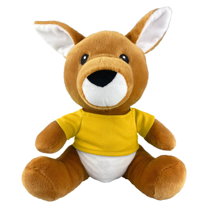 A plush kangaroo toy in brown with a yellow shirt and white belly, featuring a cute face and large ears.