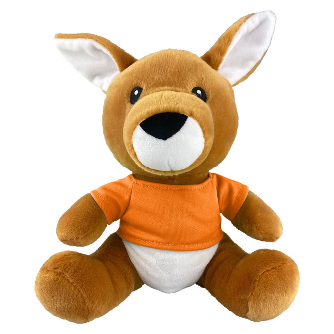 A plush toy kangaroo in brown with an orange shirt and white belly, featuring large ears and a friendly expression.