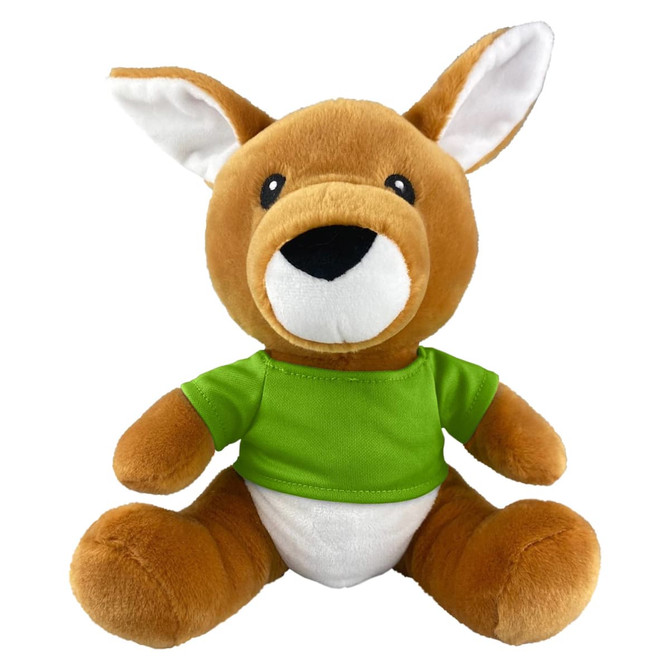 A brown kangaroo plush toy wearing a green shirt, with white accents on its belly and face. It has large ears and a friendly expression.