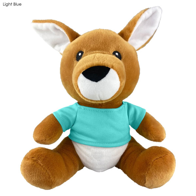 A soft, light brown kangaroo plush toy wearing a light blue shirt, with floppy ears and a cheerful expression.