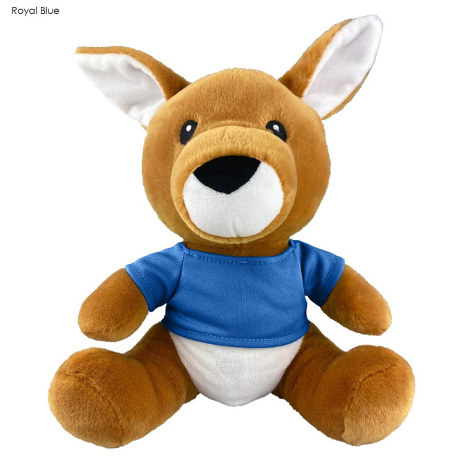 A plush kangaroo toy with a brown body and a blue shirt, featuring large ears and a cheerful expression.