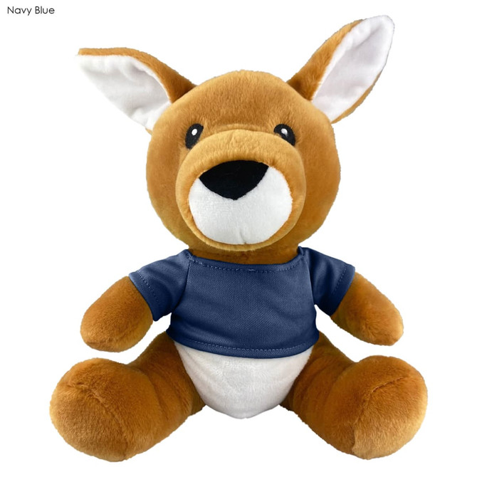 A plush kangaroo toy in brown with a navy blue shirt, featuring large ears and a friendly facial expression.
