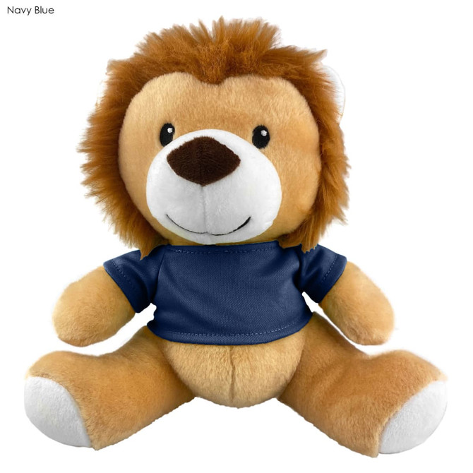 A plush lion toy with a brown mane, tan body, and a navy blue shirt, featuring a friendly smile.