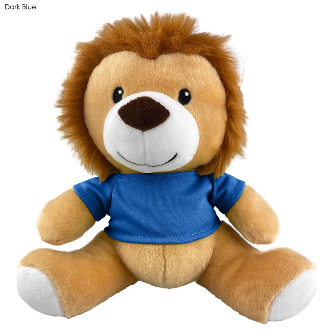 A plush lion toy in tan and brown, featuring a blue shirt and a smiling face, with a logo on the shirt.