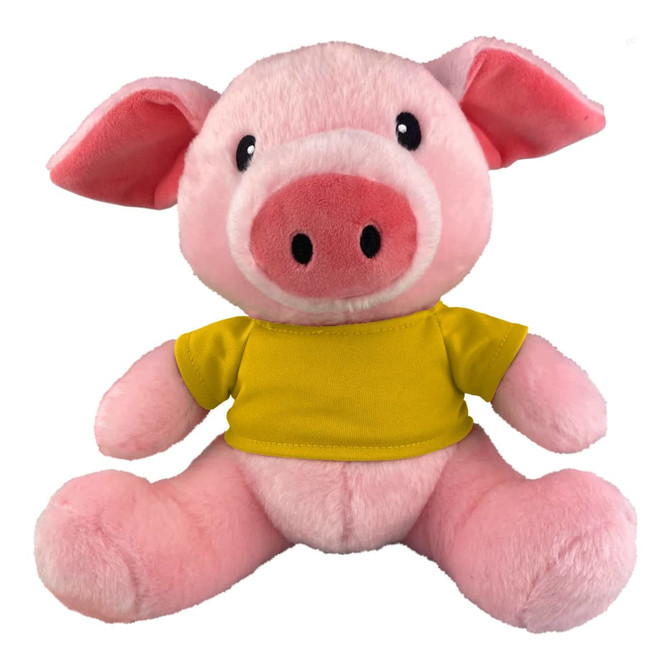 A pink pig plush toy wearing a yellow T-shirt, featuring large ears and a cute face.
