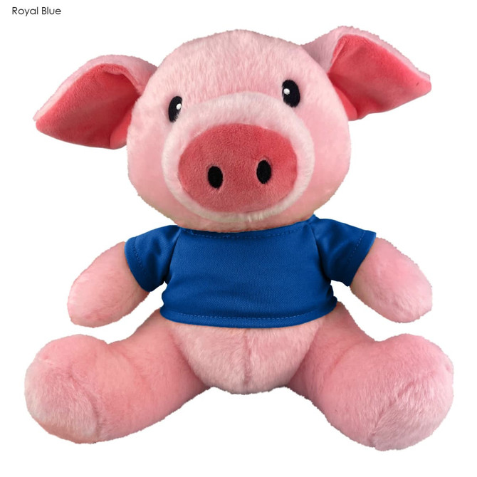 A pink plush pig toy wearing a blue shirt, featuring large ears and a smiling face. It has a logo on the shirt.
