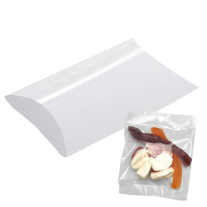 A pillow box with a clear packaging containing colourful mixed jelly lollies, including red, orange, and white sweets.