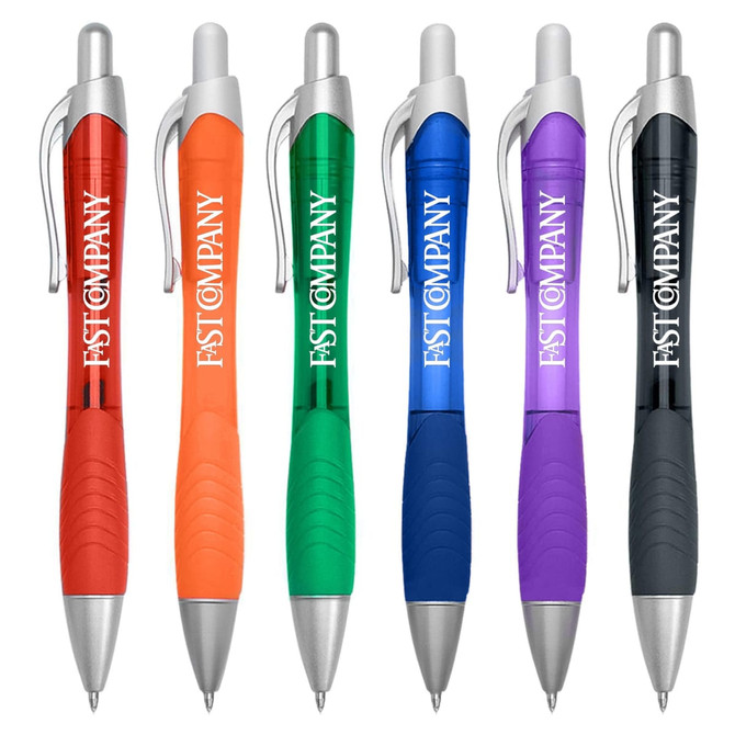 A set of six plastic pens in orange, green, blue, purple, and black with a logo on each.
