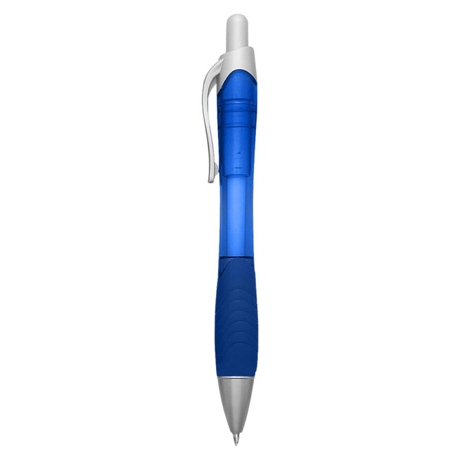 A blue plastic pen with a silver clip and grip section, featuring a logo on its body.