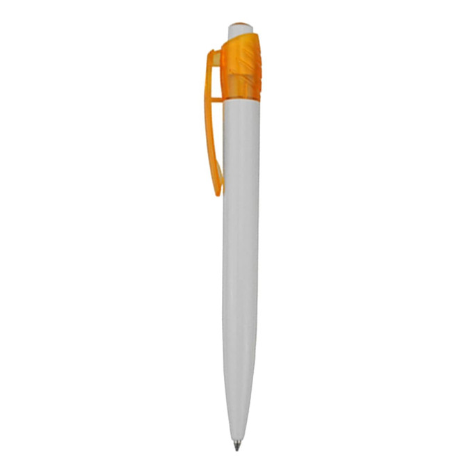 A plastic pen with a white barrel and an orange clip, featuring a logo on the surface.