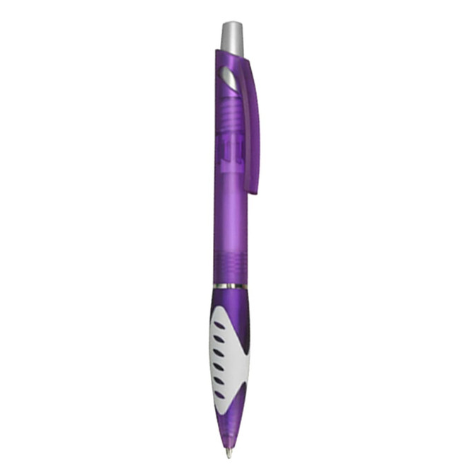 A purple plastic pen featuring a silver clip and white grip, with a logo on the barrel.