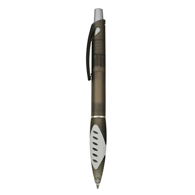 A plastic pen in dark grey with a white grip and a silver clip. The pen features a logo.