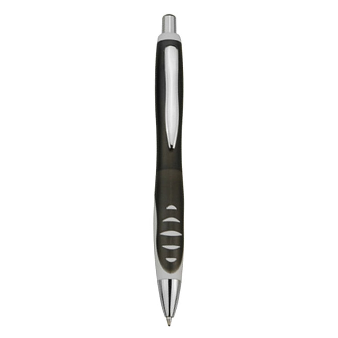 Aero plastic pen in black with chrome accents and textured grip. Features a logo on the body.