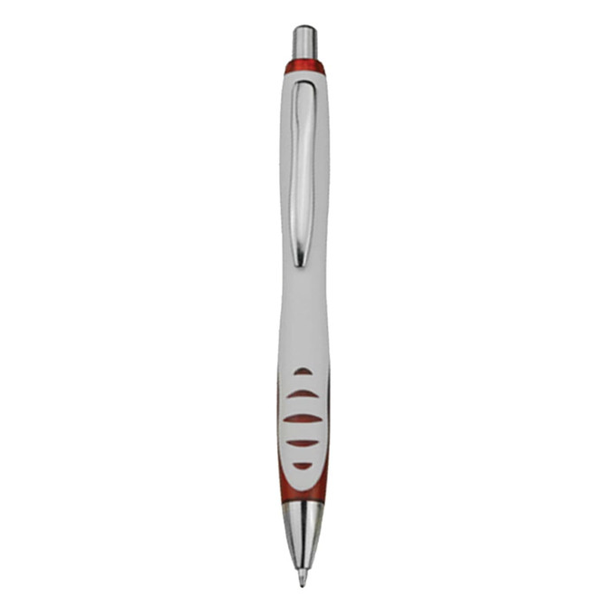 A plastic pen featuring a white and red design with a chrome clip and accents. It includes a logo.