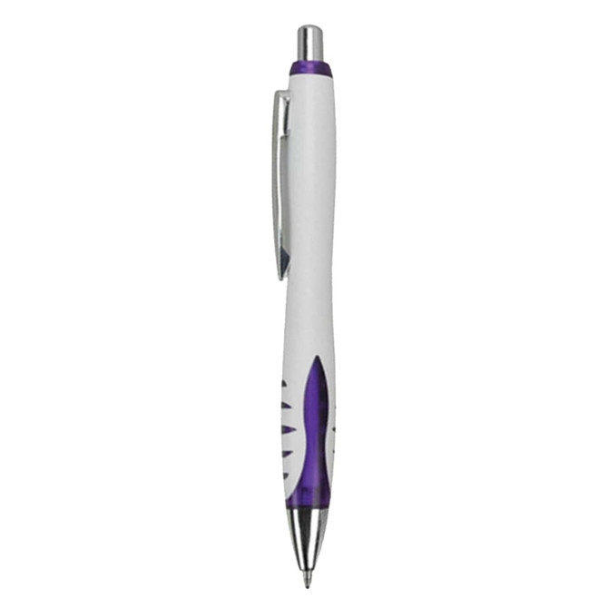 A plastic pen with a white barrel and purple accents, featuring a silver clip and a logo.