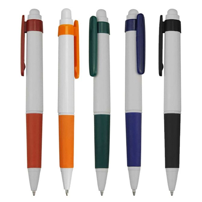 Five plastic pens in various colours: maroon, orange, green, navy, and black, with white barrels and clips.
