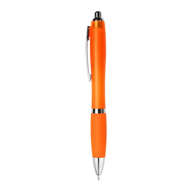An orange plastic pen with a silver clip and tip, featuring a sleek matte finish. Includes branding on the body.