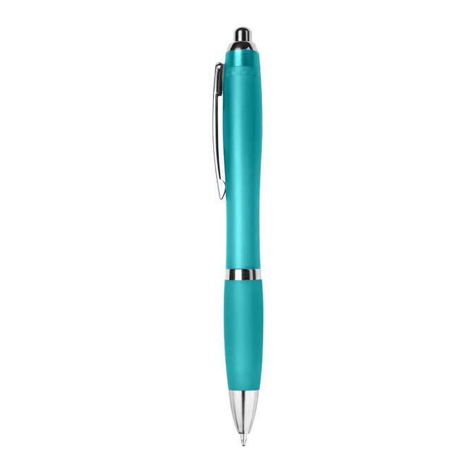 A turquoise plastic pen with a silver accent and a clip. It has a sleek design and a branded logo.