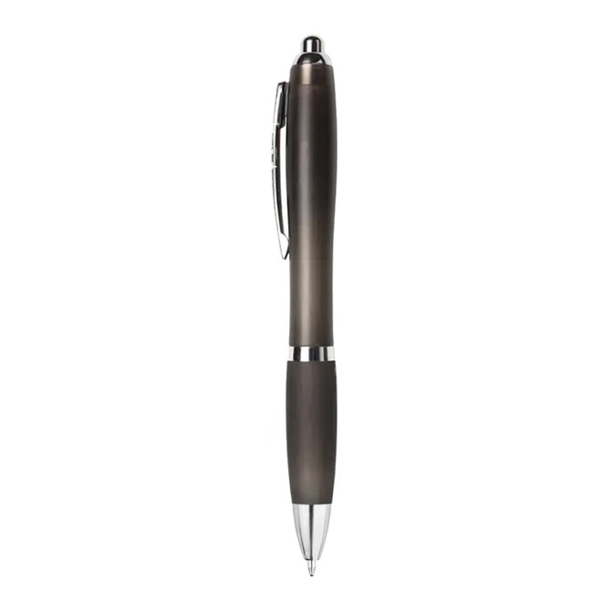 A dark grey plastic pen with silver accents, featuring a smooth grip and a logo on the side.