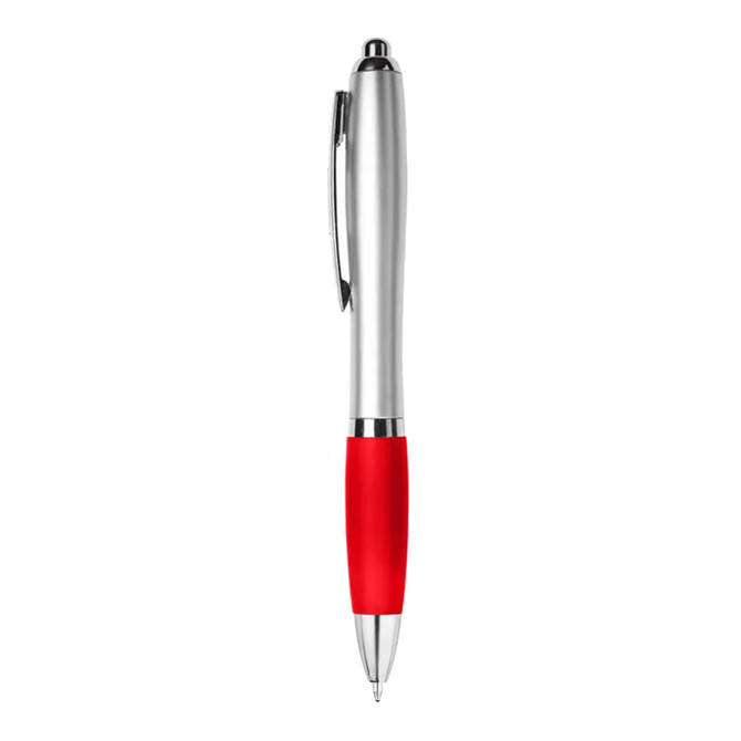 A plastic pen with a silver body and a red rubber grip. It features a clip and a logo.