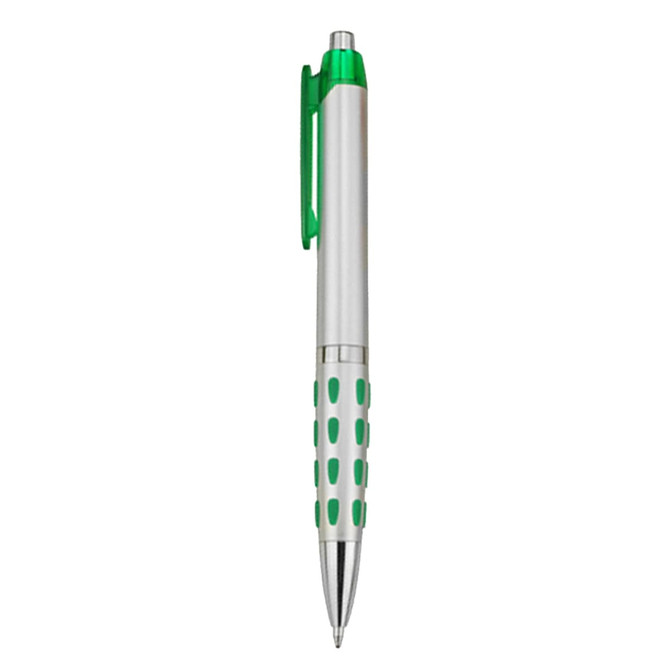 A plastic pen with a silver body, green accents, and a grip featuring white polka dots. It has a clip and a logo.