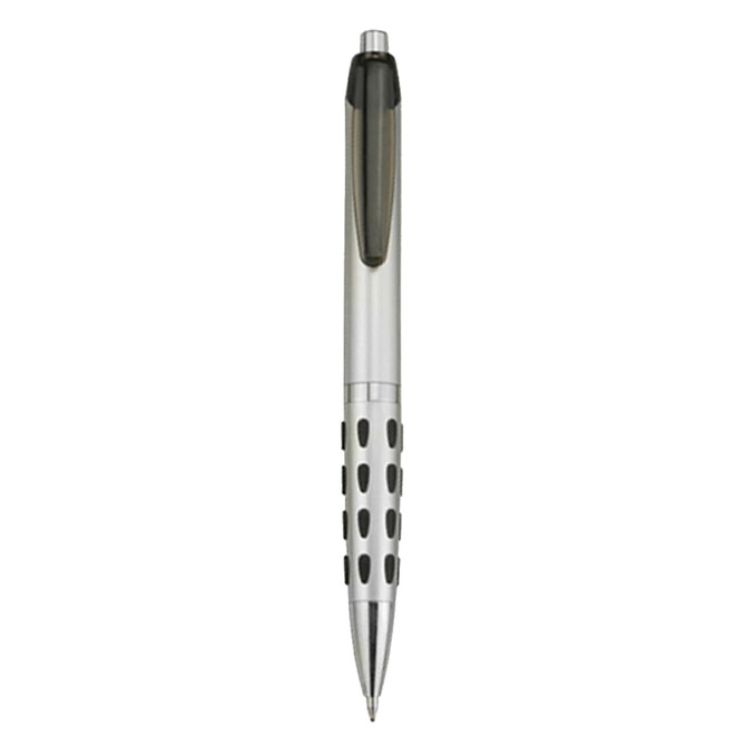 A silver plastic pen with a black grip and a logo on the barrel.