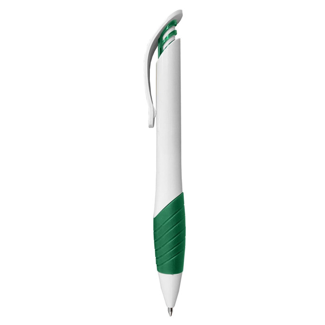 A plastic pen featuring a white barrel and a green grip, with a clip and a logo.