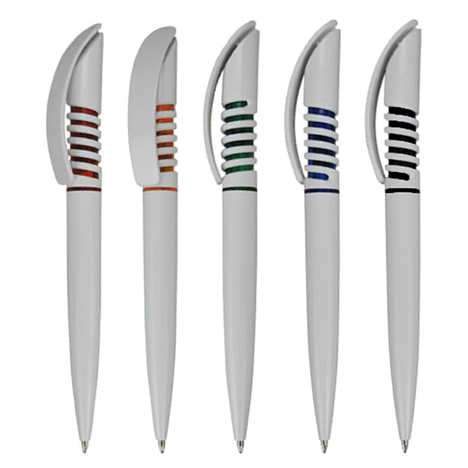 A set of five plastic pens in grey with coloured accents: orange, green, blue, and black. Each pen features a unique design element.