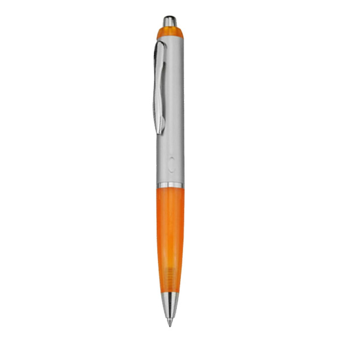 A plastic pen with an orange and silver design, featuring a clip and a glossy finish.