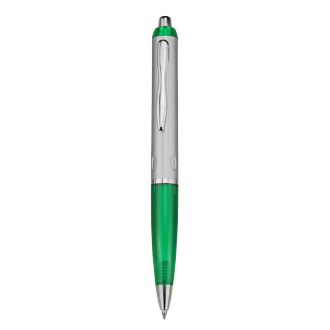 A plastic pen with a green barrel and silver accents, featuring a logo on the barrel.