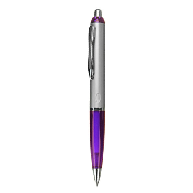 A plastic pen with a silver body and a purple grip, featuring a clip and a logo.