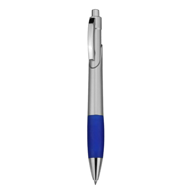 A plastic pen with a silver body and a blue grip, featuring a clickable top and a clip.