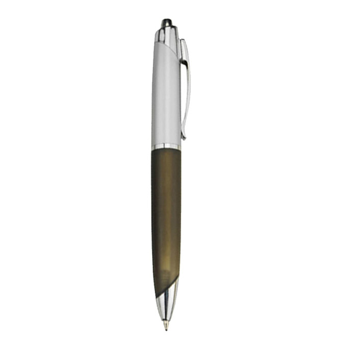 A plastic pen with a silver top and a dark green barrel. The pen features a clip and a branding logo.