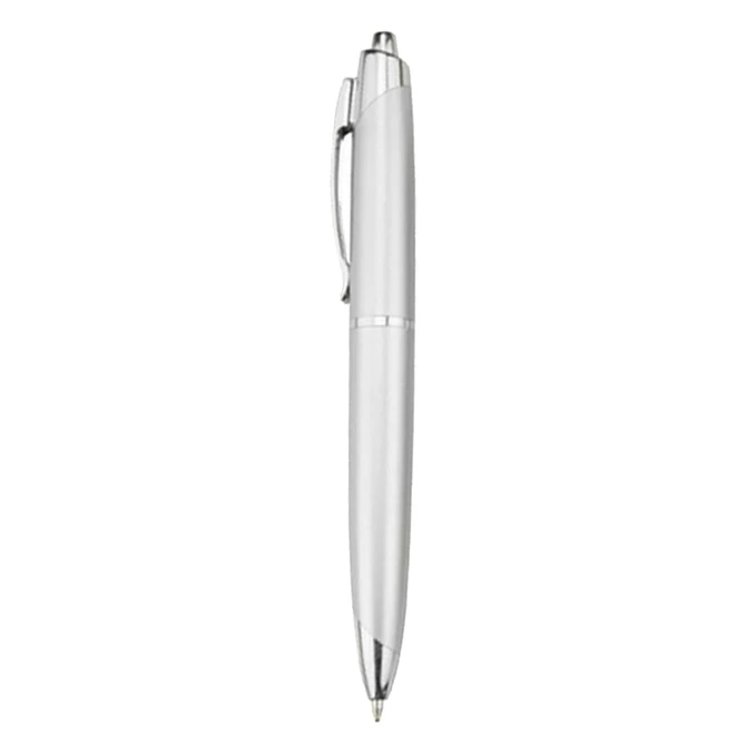 A silver plastic pen with a sleek design and a clip, featuring a logo on its surface.