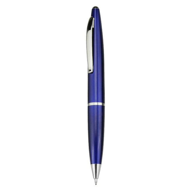 A blue plastic pen with a silver clip and detailing, featuring a logo on its body.