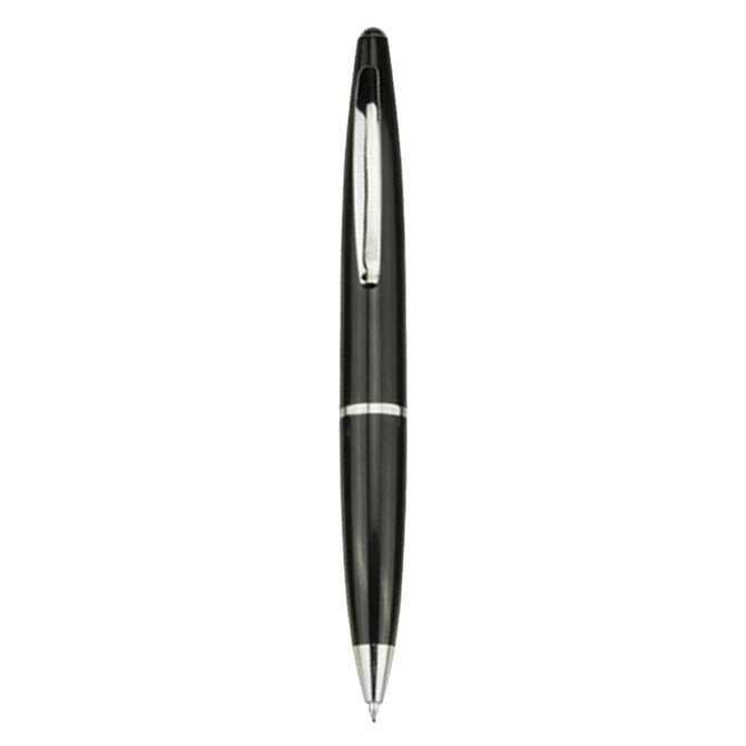 A plastic pen in glossy black with a silver accent and a clip, featuring a logo.