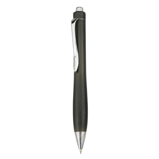 A black plastic pen with a silver clip and trim features a sleek design. It has a logo on the body.