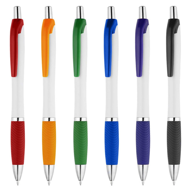 A selection of six plastic pens in red, orange, green, blue, purple, and black, featuring textured grips and a logo.