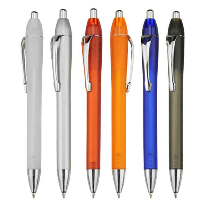 A collection of six plastic pens in silver, orange, blue, grey, and clear, featuring chrome accents and clips.