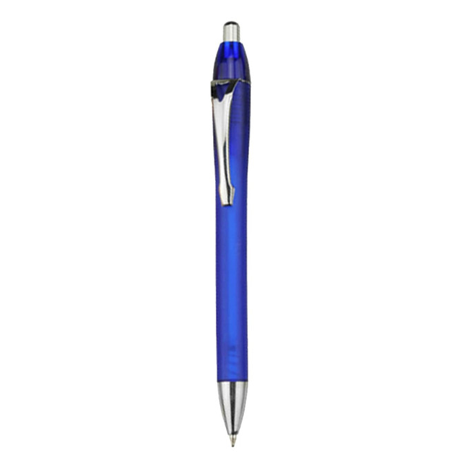 A blue plastic pen with a shiny silver clip and a pointed tip. The pen has a sleek design and a logo on it.