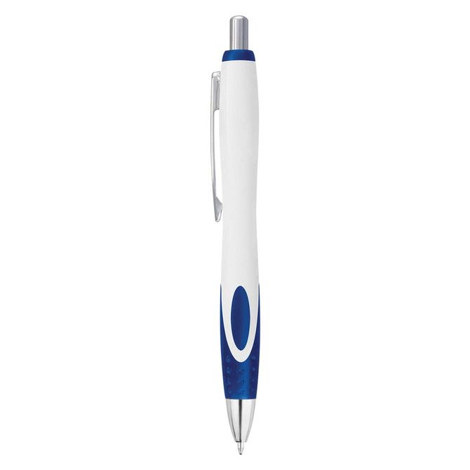 A plastic pen in white and blue, featuring a sleek design and a silver clip. It has a logo on the side.
