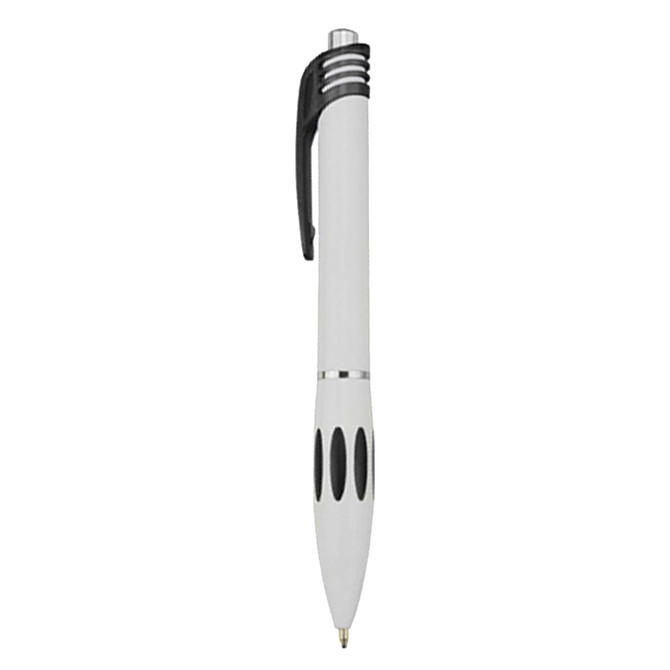 A plastic pen in white with black accents and grip features. It has a clip and a shiny silver band.
