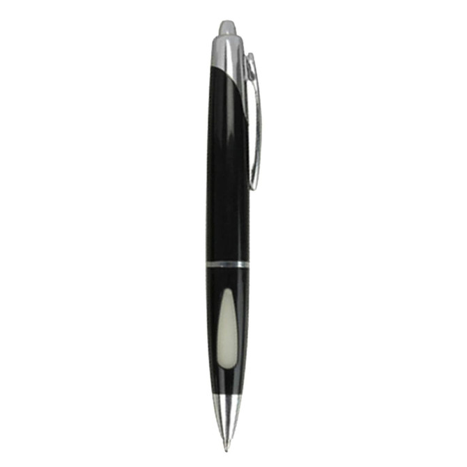 A black plastic pen with chrome accents and a clip, featuring a smooth and sleek design. It has a logo displayed.
