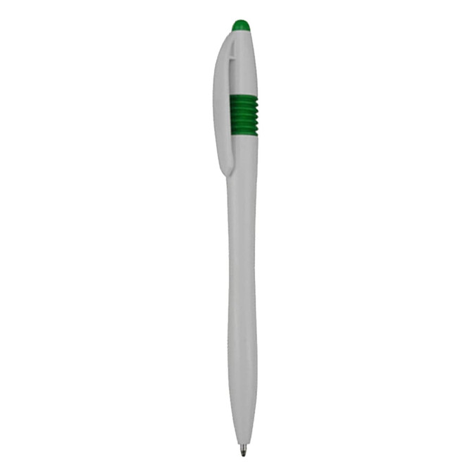 A white plastic pen with green grip and green top, featuring a logo on the side.