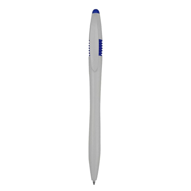 A plastic pen with a sleek grey body and a blue tip, featuring a logo on its side.