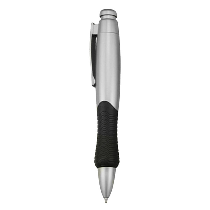 A silver plastic pen with a black rubber grip and clip, featuring a logo on the body.