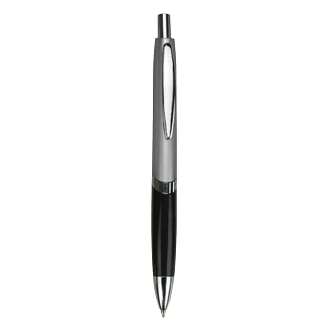 A plastic pen featuring a chrome and black design, with a sleek, modern aesthetic and a logo.