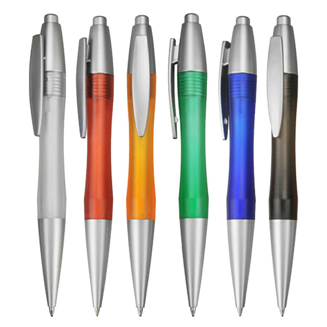 A selection of six plastic pens in silver, orange, green, blue, and brown with silver accents and clips.