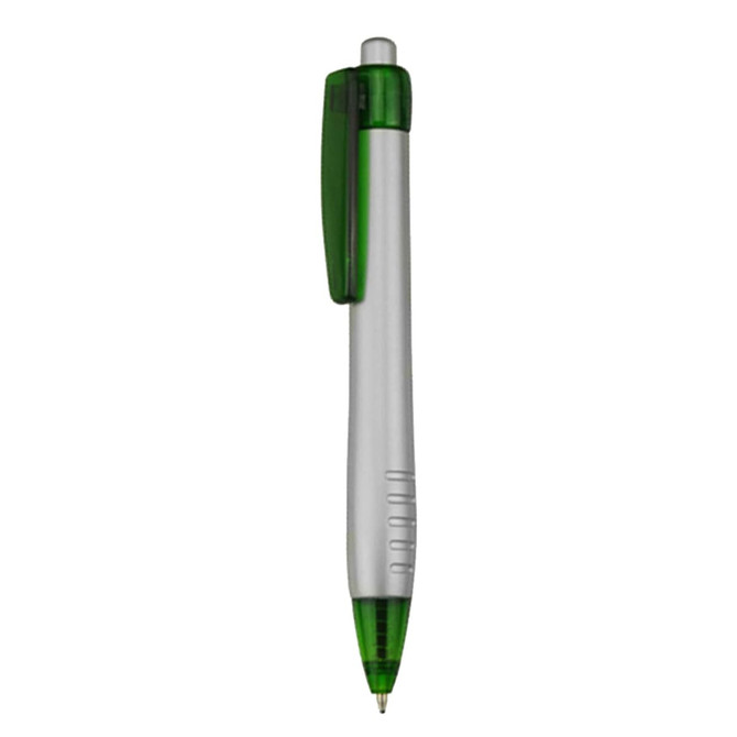 A plastic pen featuring a green clip and tip with a silver barrel. The pen has a logo on the body.