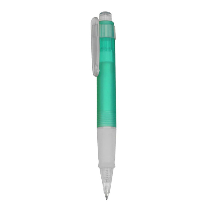 A plastic pen with a green barrel and a clear grip, featuring a clip and a visible nib.
